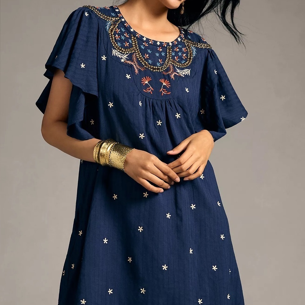 Anthropologie Crewneck Mini Embroidered Tunic Dress Navy Blue Womens Sz. XS